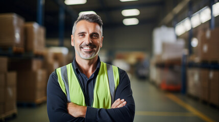 Portrait of a Shift Leader, working in a factory, with copy space, blurred background