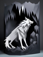 Wall Mural - 3d rendering of a white wolf in the dark cave , paper cut