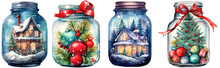 Watercolor Christmas Glass Jar With Christmas Tree Branch And Balls, Winter Forest Background With Pine And Fir Trees, Snowy  House On Christmas Fairytale. Christmas Card Elements On Transparent