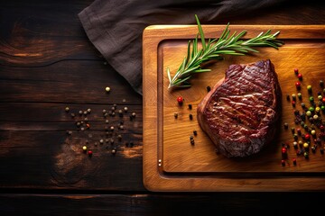 Wall Mural - Savory beefsteak delight with fresh rosemary. Mouthwatering bbq sirloin steak. Grilled to perfection. Juicy beef fillet. Wooden board presentation of delicious roast