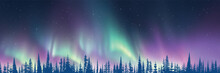 Contour Of Trees Against The Background Of Aurora Borealis, Winter Holiday Illustration