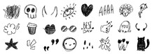 Set Of Grunge Vector Illustrations Drawn With Pencil. Punk Doodle Icons For Stickers. Swag Style Graphiti