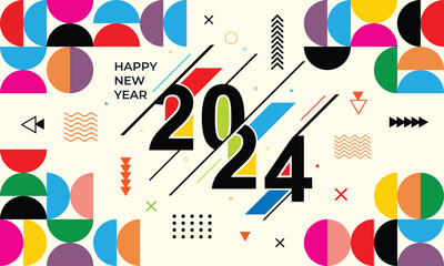 Aufkleber - happy new year abstract geometric greeting banner design. new year 2024 minimalist design coloring geometric shape with cream background. perfect for branding, banner, poster, cover, templates.