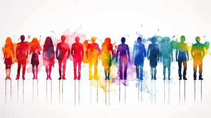 Wall Mural - Beautiful image of a group of people silhouettes standing, drawn in the style of colorful watercolors. Generative AI