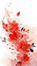 A Painting Of Red Flowers And Butterflies On A White Background. Abstract Crimson Foliage Background With Negative Space For Copy.