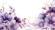 Purple Flowers Are On A White Background. Abstract Violet Foliage Background With Negative Space For Copy.
