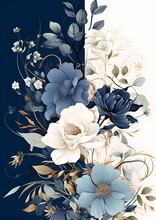 A Blue And White Floral Arrangement On A White Background. Abstract Navy Color Foliage Background With Negative Space For Copy.