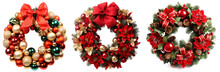 Top View Of Decorative Festive Wreath With Red And Golden Christmas Decorations And Christmas Tree Balls Isolated On Transparent