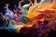 Ilustración abstracta con pintura de muchos colores en forma de cisne imaginario en fondo negro