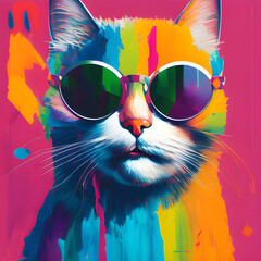  cat, fur, color, rainbow color, aurora, black sunglasses, sedentary, background, winter, snow falling, whole cat appearance,
