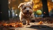 yorkshire terrier in the park.dog running in the park. Dog playing catch with his owner in the park. Dog running towards the camera. Happy dog with tongue out having fun in the nature. Man's best frie