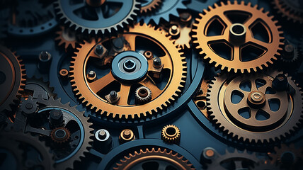 golden gears, teamwork concept complex business mechanism, mechanics abstract background, texture of work