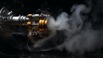 a running wound-up internal combustion engine is isolated on a black background, there is smoke, a car spare part is fictional graphics