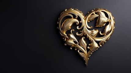  a gold heart shaped object on a black background with a gold filigreet.  generative ai