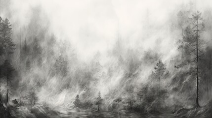 Wall Mural -  a black and white photo of a forest with a river.  generative ai