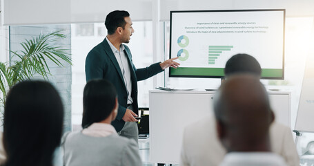 Poster - wind turbine presentation and business man with clean energy data and information with discussion. s