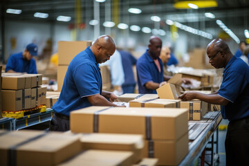 Wall Mural - Workers at a post-delivery service warehouse, sorting through shelves filled with cardboard boxes and packages.