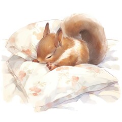 Wall Mural - A sleepy baby squirrel in a bedding. watercolor illustration.