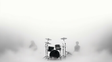 Wall Mural - drum kit in stage smoke on a white background, generated invented background music, sound cloud