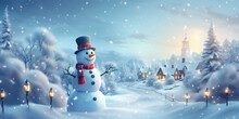 Winter Night Forest With A Greeting Snowman, Christmas Snow Background. Orizzontal Banner With Copy Space
