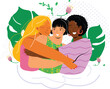 International friendship flat vector illustration. Young diverse people women group standing together cartoon characters. Multiethnic unity and peace concept. Diversity and social togetherness idea.