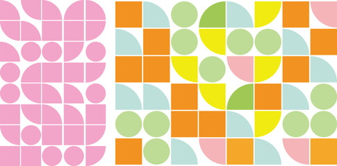 Poster - abstract geometric background with circles and squares in yellow, pink and green. Seamless vector pattern with circles and squares in yellow and blue