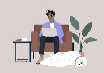 A young millennial character sits comfortably in a leather chair, a laptop resting on their lap, actively engaged in an online work conversation, a funny Samoyed dog lies on its back at their feet