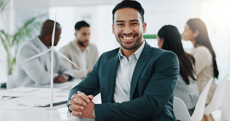 Poster - Portrait of businessman, smile in business office and confident project manager at engineering agency. Happy man, leader with pride and entrepreneur with positive mindset at renewable energy startup.