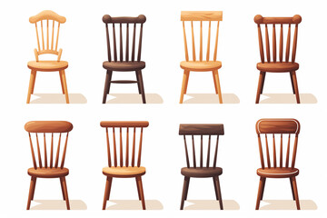 Set of different wooden chair isolated on white background. Vector illustration.