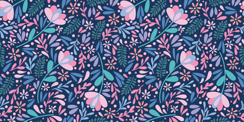 Poster - Dark blue modern floral pattern vector background, seamless repeating wallpaper