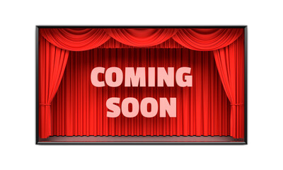 Wall Mural - coming soon poster with red stage curtains revealing a message. png clipart isolated on transparent 