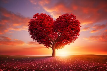 Tree of love. Red heart shaped tree landscape. Valentine's Day background.