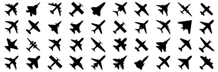 Poster - Black airplane icon collection. Set of black plane silhouette icon. Aircraft icons. Flight transport symbols