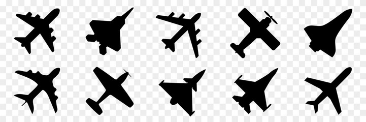 Poster - Black airplane icon collection. Set of black plane silhouette icon. Aircraft icons. Flight transport symbols