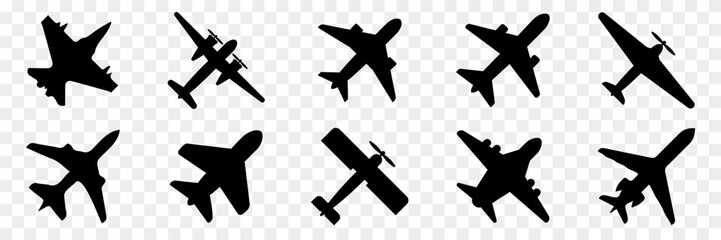 Poster - Black airplane icon collection. Set of black plane silhouette icon. Aircraft icons. Flight transport symbols