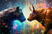 Futuristic depiction of financial markets with bull and bear. Ideal for banner backgrounds. Generative AI
