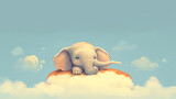 Fototapeta Dziecięca - Illustration of A very cute little elephant lies on the clouds. Image of a cute, minimalist watercolor style. Generative ai