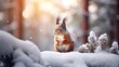 Cute red squirrel in the falling snow against the background of a pine forest. Winter time background
