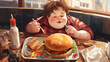 the child is eating a hamburger. child greedily bites a big burger. child eats fast food close-up. Generative AI