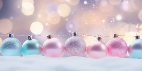 Wall Mural - Christmas background with colorful baubles garland and glitter light bokeh.