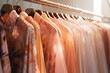 Clothes hang on a shelf in a designer clothes store. Rack with classic women's fashion clothes. Clothing retails concept. Advertise, sale, fashion. Peach fuzz - color of the year 2024