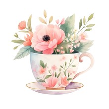 Flower Bouquet In A Cup For Tea Isolated On White Background. Love Tea. Element For Greeting Cards, Poster, Print, Sticker. Romantic Spring Concept