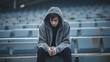 Male high school student sitting alone on stadium seats, concept of the feeling of isolation and loneliness due to mental illness