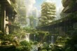 A cityscape blending nature and technology, with skyscrapers intertwined with lush vegetation and waterfalls cascading down. Featuring harmonious artwork. Generative AI