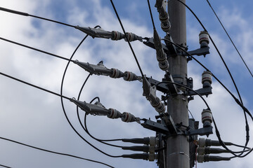 A lot of electric wires on a pole, electricity transmission in Japan