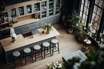 High angle view of a modern and contemporary kitchen in a home