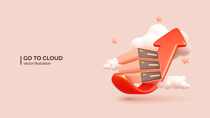 Poster - 3D - Cloud Solutions Concept. Realistic 3d design of Servers with Red Arrow and Clouds. 3D Vector illustration in cartoon minimal style.