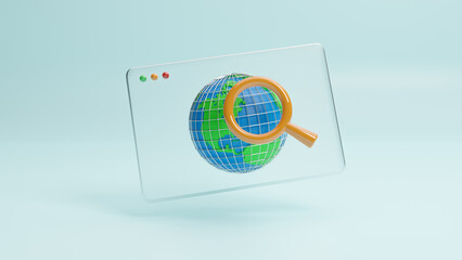 Poster - 3d web browser with a globe and magnifying glass icon, Search technology concept. Global network. internet exploring. web searching. Website development,dashboard usability optimization. 3d rendering