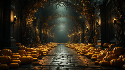 corridor passage arch tunnel halloween background theme banner entrance to the party invitation