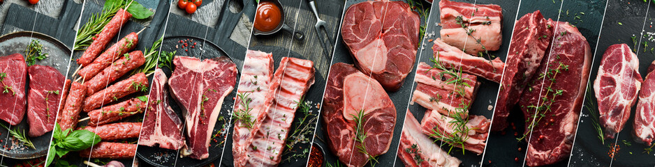 Collage of different assortment of veal meat, pork, steaks, kebabs and sausages. Banner with photos of meat.